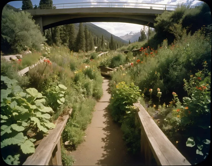 photograph, lush garden and Solar prominence in background, hyper detailed, landscape of a Apocalyptic Mesmerizing ([Italy:The Sierra Nevada:5]:1.3) from inside of a Pedestrian bridge, Summer, Disgusting, De Stijl, Rembrandt lighting, Slow Shutter Speed, Kodak Ektar 100, pinhole lens, Kodak portra, (designed by Leszek Bujnowski:0.9) , Frank Auerbach