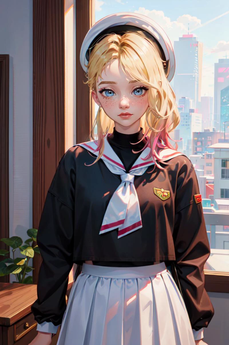 <lora:CARTOON_AcrossSpiderVerse_GwenStacy_ownwaifu:0.7> Dress_AcrossSpiderVerse_GwenStacy_ownwaifu, 1girl, blonde hair, short hair, blue eyes, eyebrow piercing, lips, freckles, blush, hair over one eye, multicolored hair, asymmetrical hair, two-tone hair, undercut, breasts, medium breasts, toned, makeup, red lips, <lora:Kinomoto:1> kinomotoai, hat, white headwear, beret, skirt, white sailor collar, long sleeves, school uniform, pleated skirt, serafuku, sailor collar, black shirt, white skirt, white neckerchief, tomoeda elementary school uniform, cardcaptor sakura,, absurdres, ultra detailed, masterpiece, best quality, aesthetic, detailed,