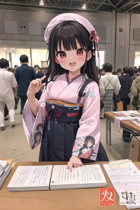 masterpiece,ultra detail,best quality,1girl,blush,happy,welcome,comiket, 6+boys, crowd, indoors, signboard, table, chair, book,doujinshi,text,doll,poster,sketchbook,<lora:comiket_SD15_C103:0.8>Taisho's romantic, <lora:Taisho's romantic:0.8>