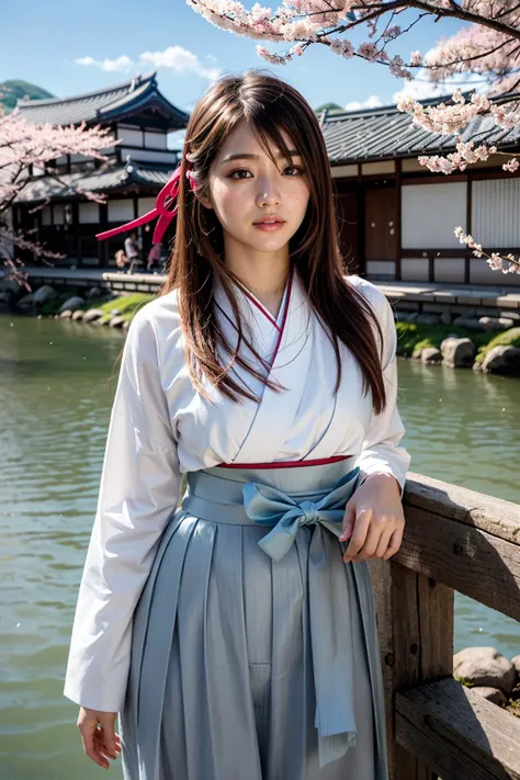 (realistic:1.3), finely detailed, quality, rembrandt lighting, (masterpiece:1.2), (photorealistic:1.2), (best quality), (detailed skin:1.3), (intricate details), dramatic, ray tracing, 1girl, japanese girl, 21 years old, detailed skin texture, (blush:0.5), (goosebumps:0.5), subsurface scattering, smiling, medium breasts, long hair, hair ribbon on top of head, bangs, hair between eyes, Taisho's romantic, hakama, cowboy shot, (cute pose:1.1), (bright sunny day, outdoors, cherry blossoms, cherry blossom trees, nature, river, kyoto, sky), <lora:Taisho's romantic:1>