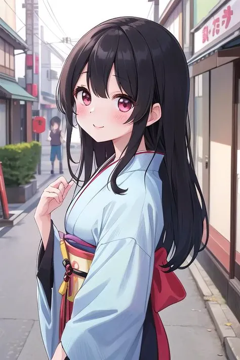 masterpiece,ultra detail,best quality,1girl,blush,happy,outdoor,black longhair,japan retro street,Taisho's romantic, <lora:Taisho's romantic:0.8>
