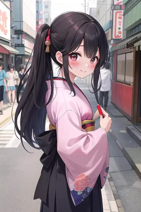 masterpiece,ultra detail,best quality,1girl,blush,happy,outdoor,black longhair,japan retro street,Taisho's romantic, <lora:Taisho's romantic:0.8>