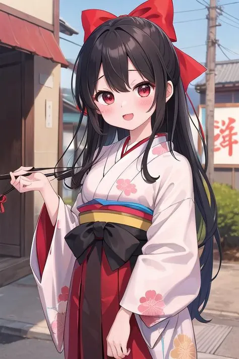 One Girl、night、Festive background、yukata、smile、Put a fox mask on your head、side、looking at the camera、Long Hair、Black Hair、Going on a date、Small breasts