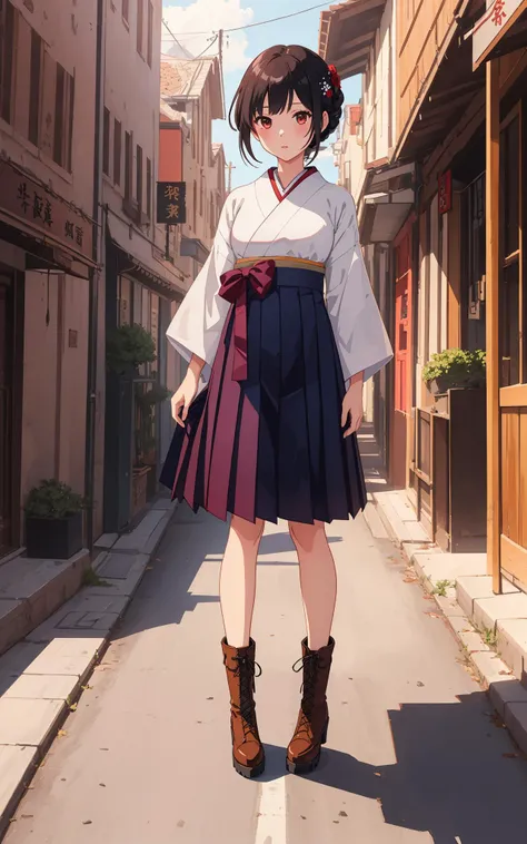 ((((ultra illustrated style:1.0)))),best quality,best animated,masterpiece,ray tracing, global illumination,Taisho's romantic, Taisho's romantic,1girl, solo, standing, full body, boots,hakama skirt
<lora:Taisho's romantic-000006:0.7>