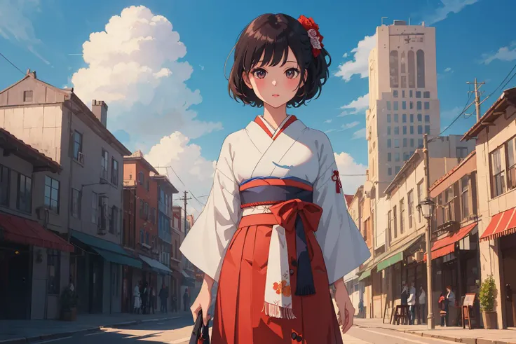 ((((ultra illustrated style:1.0)))),best quality,best animated,masterpiece,ray tracing, global illumination,Taisho's romantic,1girl, solo,cowboy shot,looking at viewer, outdoors, 
 <lora:Taisho's romantic-000006:0.8>
