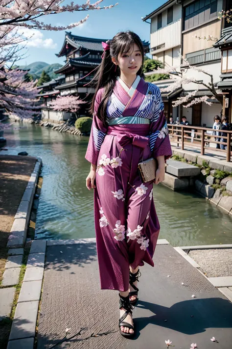 (realistic:1.3), finely detailed, quality, rembrandt lighting, (masterpiece:1.2), (photorealistic:1.2), (best quality), (detailed skin:1.3), (intricate details), dramatic, ray tracing, 1girl, japanese girl, 21 years old, detailed skin texture, (blush:0.5), (goosebumps:0.5), subsurface scattering, smiling, medium breasts, long hair, hair ribbon on top of head, bangs, hair between eyes, Taisho's romantic, hakama, boots, full body, (strolling, bright sunny day, outdoors, cherry blossoms, cherry blossom trees, nature, river, kyoto, sky), <lora:Taisho's romantic:1>