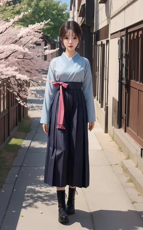 ((((ultra illustrated style:1.0)))),best quality,best animated,masterpiece,ray tracing, global illumination,Taisho's romantic, Taisho's romantic,head,1girl, solo, standing, full body, boots,hakama skirt,cherry blossoms,petals
 <lora:Taisho's romantic-000006:0.7> <lora:Hoshizaki Ao_07-000006:0.5>
