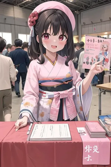 masterpiece,ultra detail,best quality,1girl,blush,happy,welcome,comiket, 6+boys, crowd, indoors, signboard, table, chair, book,doujinshi,text,doll,poster,sketchbook,<lora:comiket_SD15_C103:0.8>Taisho's romantic, <lora:Taisho's romantic:0.8>