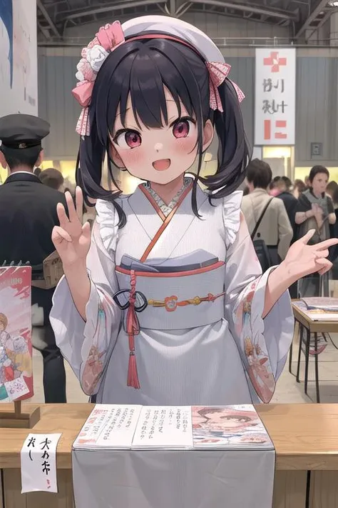 masterpiece,ultra detail,best quality,1girl,blush,happy,welcome,comiket, 6+boys, crowd, indoors, signboard, table, chair, book,doujinshi,text,doll,poster,sketchbook,<lora:comiket_SD15_C103:0.8>Taisho's romantic, <lora:Taisho's romantic:0.8>