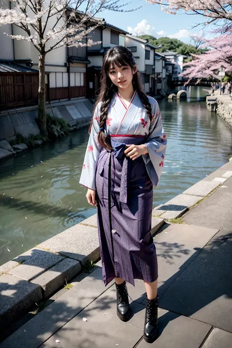 (realistic:1.3), finely detailed, quality, rembrandt lighting, (masterpiece:1.2), (photorealistic:1.2), (best quality), (detailed skin:1.3), (intricate details), dramatic, ray tracing, 1girl, japanese girl, 21 years old, detailed skin texture, (blush:0.5), (goosebumps:0.5), subsurface scattering, smiling, medium breasts, long hair, hair ribbon on top of head, bangs, hair between eyes, Taisho's romantic, hakama, boots, full body, (bright sunny day, outdoors, cherry blossoms, river, kyoto, sky),  <lora:Taisho's romantic:1>