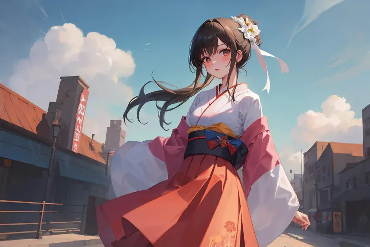 ((((ultra illustrated style:1.0)))),best quality,best animated,masterpiece,ray tracing, global illumination,Taisho's romantic,1girl, solo,cowboy shot,looking at viewer, outdoors, 
 <lora:Taisho's romantic-000006:0.7>