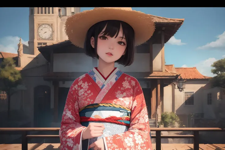 ((((ultra illustrated style:1.0)))),best quality,best animated,masterpiece,ray tracing, global illumination,Taisho's romantic,1girl, solo,cowboy shot,looking at viewer, outdoors, 
 <lora:Taisho's romantic-000006:0.8>