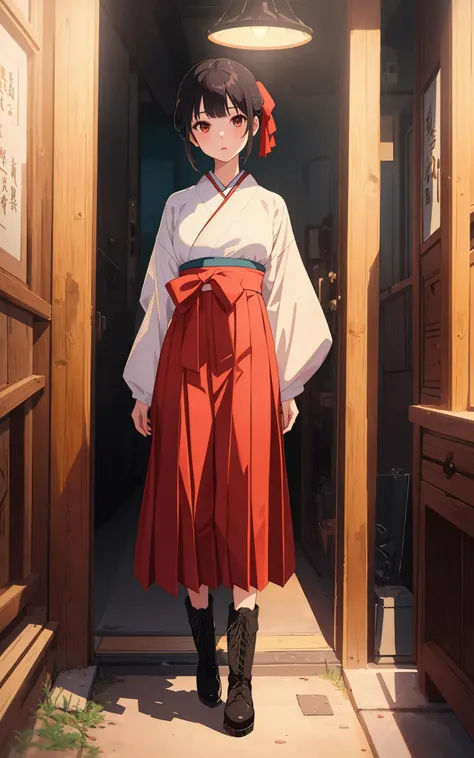 ((((ultra illustrated style:1.0)))),best quality,best animated,masterpiece,ray tracing, global illumination,Taisho's romantic, Taisho's romantic,1girl, solo, standing, full body, boots,hakama skirt
<lora:Taisho's romantic-000006:0.7>