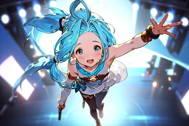 (masterpiece, best quality),1girl, solo, from above,, (full body:1.1), (stage, stage lights:1.1), (lyria, lyria_\(born_to_be_snowdos\)_\(granblue_fantasy\):1.2) light blue hair, (long ponytail:1.5), ahoge, blue eyes, (white clothes:1.3), sleeveless, (short shotrs:1.3), (black pantyhose, black stocking:1.2), (blue pendant:1.1), small breasts, smile, (singing:1.1), (microphone:1.5), blurry, depth of field, <hypernet:lyria-face-20221224:0.7>