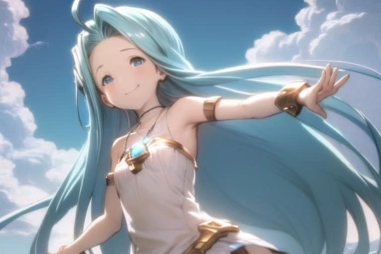 masterpiece, blue cloudy sky, (((1girl, solo))), (lyria, lyria_\(granblue_fantasy\)), blue eyes, light blue hair, very long hair, ahoge, parted bangs, forehead, white cami-dress, short skirt, (white clothes:1.1), bare_shoulders, sleeveless, ((strapless)), white choker, (blue jewelry:1.1), (blue pendant:1.2), small breasts, light smile, <hypernet:lyria-face-20221224:0.8>,