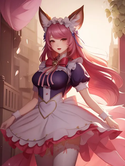 <lora:WZRYdajiNPKF_20230807220333:0.78>,WZRYdajiNPKF,1girl, mature female, looking at viewer, cityscape, night, bow,animal ears, fox ears, dress,short sleeves, bangs,maid,bowtie,puffy sleeves, thighhighs,