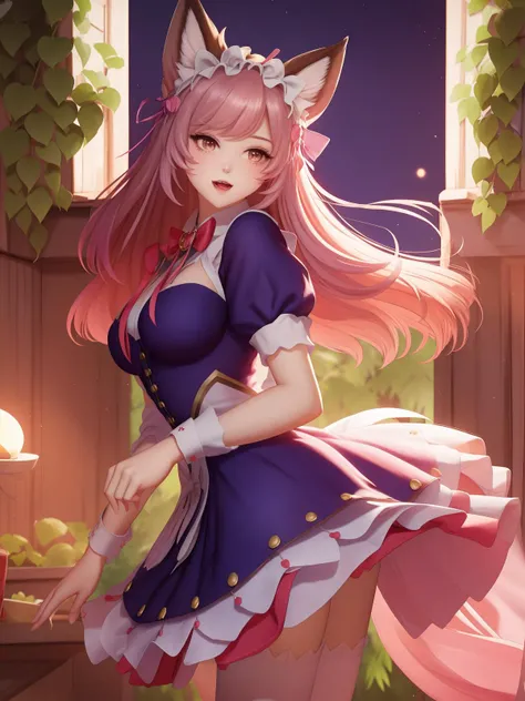 <lora:WZRYdajiNPKF_20230807220333:0.75>,WZRYdajiNPKF,1girl, mature female, looking at viewer, cityscape, night, bow,animal ears, fox ears, dress,short sleeves, bangs,maid,bowtie,puffy sleeves, thighhighs, frills,