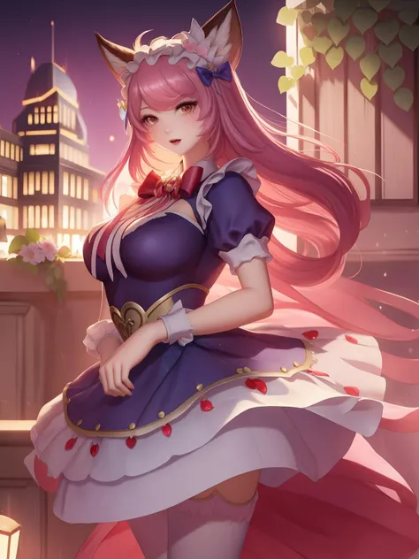<lora:WZRYdajiNPKF_20230807220333:0.78>,WZRYdajiNPKF,1girl, mature female, looking at viewer, cityscape, night, bow,animal ears, fox ears, dress,short sleeves, bangs,maid,bowtie,puffy sleeves, thighhighs,