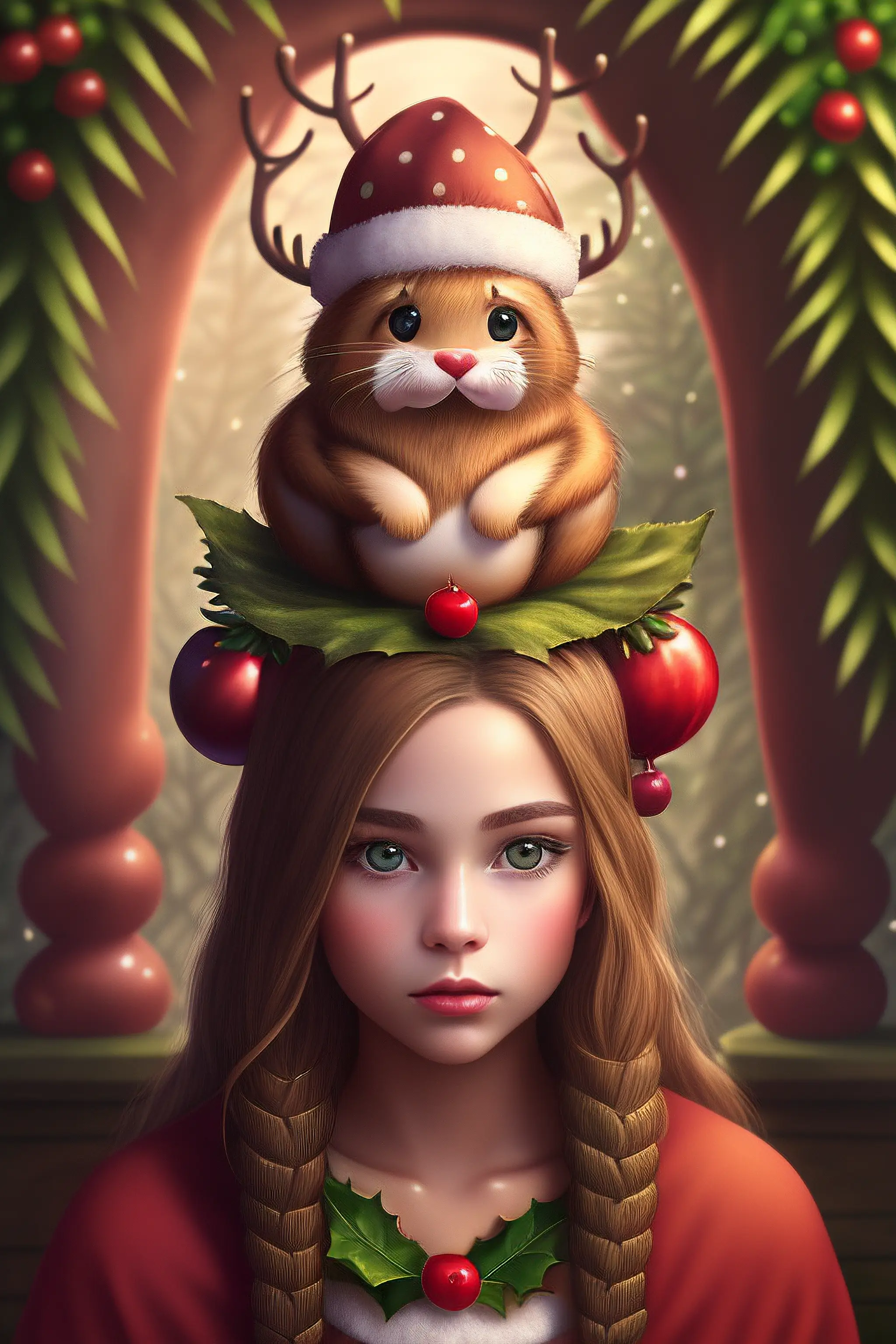 1girl, antlers, apple, bell, berry, blurry, branch, breasts, brown_hair, bush, candy_cane, christmas, christmas_lights, christmas_ornaments, christmas_tree, depth_of_field, fireplace, food, forest, fruit, garden, gift, gift_box, grapes, grass, green_eyes, holly, ivy, jungle, leaf, lips, long_hair, looking_at_viewer, medium_breasts, merry_christmas, moss, mushroom, nature, navel, nipples, ornament, overgrown, palm_tree, parted_lips, pine_tree, plant, potted_plant, realistic, reindeer_antlers, sack, santa_bikini, santa_costume, santa_hat, solo, tomato, tree, wreathmodern, 2000 years,, studio quality, post-processing, massive scale, soft lighting, realistic, photorealism, photoshop, ultra realistic, Nikon D750, dslr, max detail, photoshop, photography, photorealism