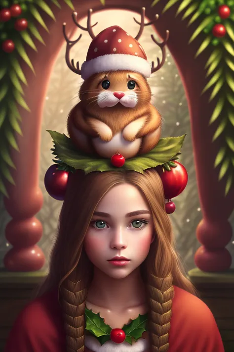 1girl, antlers, apple, bell, berry, blurry, branch, breasts, brown_hair, bush, candy_cane, christmas, christmas_lights, christmas_ornaments, christmas_tree, depth_of_field, fireplace, food, forest, fruit, garden, gift, gift_box, grapes, grass, green_eyes, holly, ivy, jungle, leaf, lips, long_hair, looking_at_viewer, medium_breasts, merry_christmas, moss, mushroom, nature, navel, nipples, ornament, overgrown, palm_tree, parted_lips, pine_tree, plant, potted_plant, realistic, reindeer_antlers, sack, santa_bikini, santa_costume, santa_hat, solo, tomato, tree, wreathmodern, 2000 years,, studio quality, post-processing, massive scale, soft lighting, realistic, photorealism, photoshop, ultra realistic, Nikon D750, dslr, max detail, photoshop, photography, photorealism