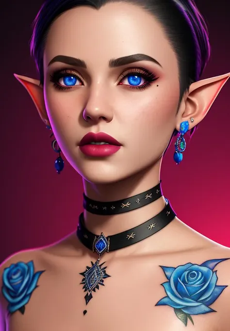 1girl, back_tattoo, black_choker, blue_eyes, chest_tattoo, choker, earrings, elf, gradient, gradient_background, jewelry, lip_piercing, lips, lipstick, looking_at_viewer, makeup, neck_tattoo, nose_piercing, pointy_ears, rose, short_hair, shoulder_tattoo, solo, tattoo, upper_body, ultra realistic, unreal engine, raytracing, dslr, post-processing, max detail, massive scale, studio lighting, digital painting, digital art, digital, detailed