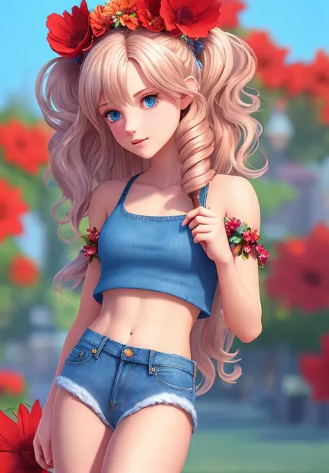 1girl, blurry, blurry_background, crop_top, denim, denim_shorts, flower, hair_flower, hair_ornament, lips, long_hair, looking_at_viewer, midriff, navel, photorealistic, realistic, red_flower, short_shorts, shorts, solo, web_address