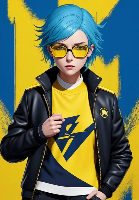 a woman with blue hair and a black top and a black jacket and a yellow and yellow background with a black and yellow background, by Terada Katsuya, unreal engine, raytracing, dslr, post-processing, max detail, massive scale, studio lighting, digital painting, digital art, digital, detailed