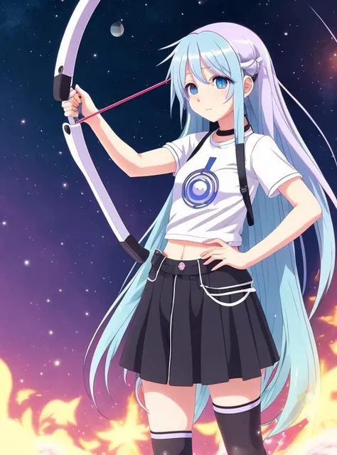 high res, hearphone, anime looking, girl, long blue pastel hair, blinking, smiling, White T-shirt, future motorbike,archery , big and round eyes,universe background, cyperpunk vibe