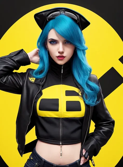 a woman with blue hair and a black top and a black jacket and a yellow and yellow background with a black and yellow background, by Terada Katsuya, unreal engine, raytracing, dslr, post-processing, max detail, massive scale, studio lighting, digital painting, digital art, digital, detailed