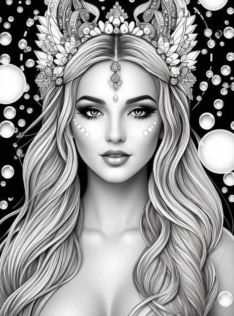 coloring page , black and white of beautiful fantasy goddess, clear facial features, flat beauty lighting, fine lines, framed in bubbles , fantasy, smooth lines, beautiful , dreamy, light image, light background, head and shoulders, sharp focus