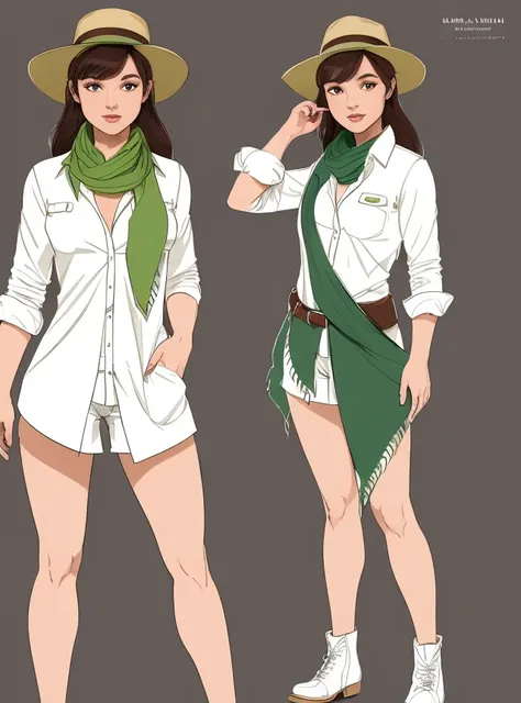 jpg character concept full body from head to knee (petite chubby short young woman, Karen Allen), (light skin, indiana jones style, white shirt and green scarf, hat) symmetrical face, accurate anatomy delicate, soft lighting, deep colors, by Bagshaw, Chevrier, Ferri, Kaluta, Minguez, Mucha | no background