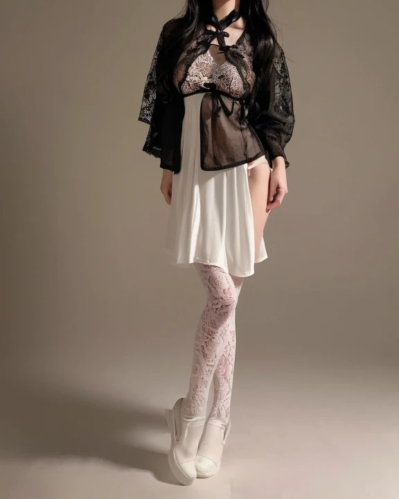 (((1girl standing))),
((Panoramic view, full body,))
best quality ,
masterpiece, illustration,
an extremely delicate and beautiful, extremely detailed, CG , unity,8k wallpaper, Amazing, finely detail, masterpiece,
best quality, official art, extremely detailed CG unity 8k wallpaper,absurdres, incredibly absurdres, huge filesize, ultra-detailed, highres, extremely detailed, beautiful detailed girl, extremely detailed eyes and face, beautiful detailed eyes, (RAW photo, best quality), (realistic, photo-realistic:1.3), (full body), black legwear,
<lora:sexy_v2:0.6>
((White clothes,The leggings were laced with lace,pleated skirt,Ancient Chinese style dress jacket,)),