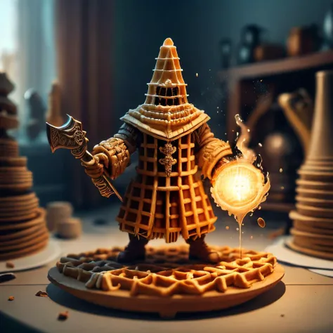 <lora:WaffleStyle-000003:1> WaffleStyle wizard made out of waffle, golden hour lighting, DOF