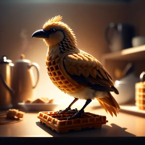 <lora:WaffleStyle:0.8> WaffleStyle bird made out of waffle, golden hour lighting, DOF