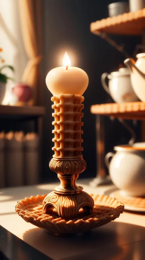 WaffleStyle Candlestick, <lora:WaffleStyle:0.9>, golden hour lighting, DOF