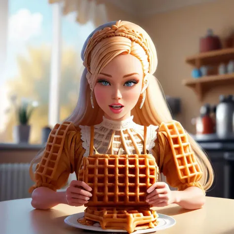 Making pancakes in the Asteria VK skillet,a blond,Twin-tailed,1little girl,Woman in her 30s,maid apronl,Laughing,kitchin,Bento,sodden,The upper part of the body