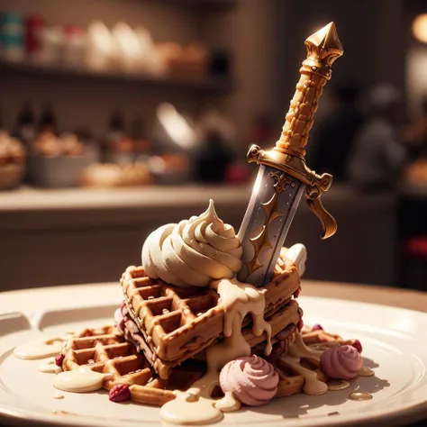 <lora:WaffleStyle:0.45> WaffleStyle sword, <lora:GelatoStyle:0.45> GelatoStyle sword golden hour lighting, DOF