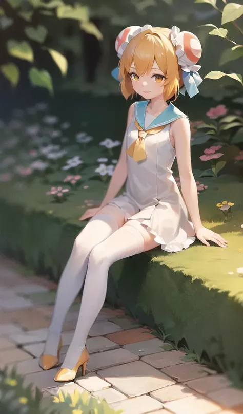 ((masterpiece, best quality)), absurdres, 1girl, (full body:1.3),sitting, blonde hair, solo, double buns, (bun covers), blonde hair, short hair, yellow eyes, flat chest, smile, (white sailor frilled dress:1.3), thighhighs,high heels, outdoors, garden, day, <lora:ACGirl:1>