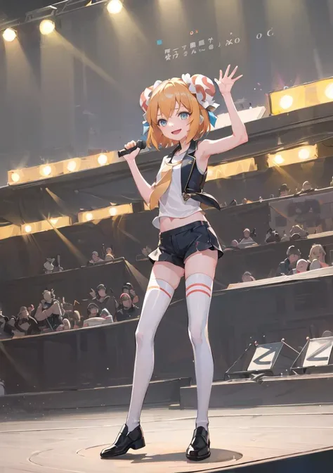 ((masterpiece, best quality)), 1girl, standing, double buns,blonde hair,short hair,blue eyes,(bun covers),flat chest, smile, rock concert stage background, full body, thighhighs, <lora:ACGirl:1>