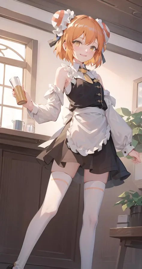 ((masterpiece, best quality)), 1girl, solo,waitress dress,standing,double buns,blonde hair,short hair,yellow eyes,(bun covers),flat chest, smile, indoor, thighhighs, <lora:ACGirl:1>