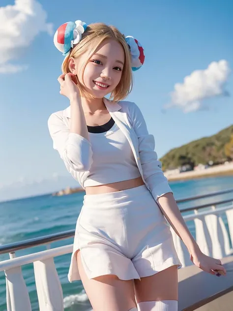 (8k RAW photo,best quality, masterpiece:1.2), 1girl, blonde hair, short hair, double bun, bun cover, school uniform, thighhighs, light smile, outdoor, ocean, professional lighting, soft focus, <lora:ACGirl:1>, <lora:koreanDollLikeness_v15:0.3>, (ulzzang-6500-v1.1:0.3)
