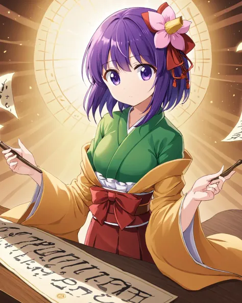 hieda no akyuu,1girl, solo, hair_flower, kimono, scroll, calligraphy_brush, wide_sleeves
<lora:hieda_no_akyuu_image926_2023-12-20:1>,star-shaped_pupils,symbol-shaped_pupils,. gorgeous,key visual, vibrant, studio anime,award-winning, professional, highly detailed,high budget, cinemascope