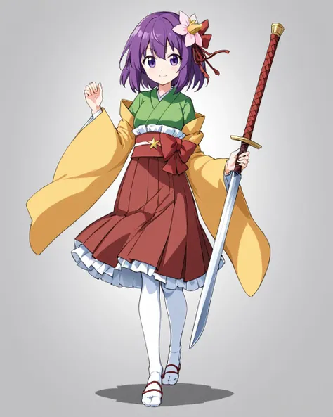 hieda no akyuu,1girl, solo, kimono, hair_flower, wide_sleeves, white_background, full_body, smile, long_sleeves, simple_background, looking_at_viewer, holding_sword, tabi, sash, hakama_skirt, white_socks, ribbon, closed_mouth, no_shoes
<lora:hieda_no_akyuu_image926_2023-12-20:1>,star-shaped_pupils,symbol-shaped_pupils,. gorgeous,key visual, vibrant, studio anime,award-winning, professional, highly detailed,high budget, cinemascope