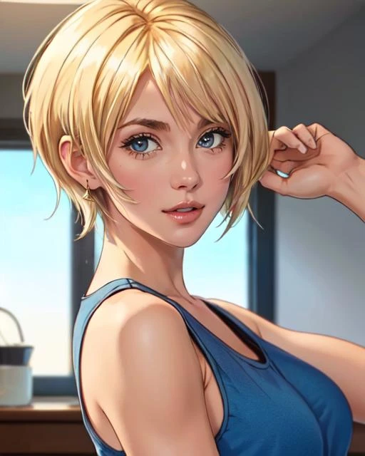 masterpiece, best quality, 8k,  <lora:ayabrea:0.6>, ayabrea, 1girl, blonde_hair, short_hair, blue_eyes, tank_top, looking_at_viewer, indoors, (upper body)