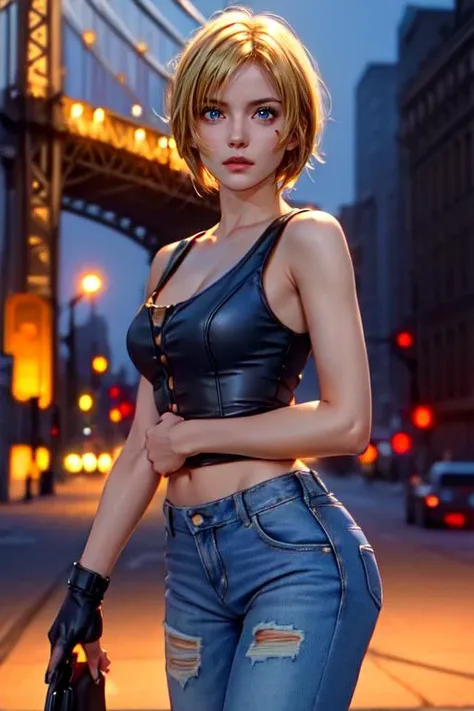 (masterpiece, best quality, highres, absurdres, ultra-detailed:1.3), 1girl,  (ayabrea, parasite_eve, slim, petite, blonde_hair, short_hair, blue_eyes, tank_top, ripped jeans, black boots: 1.6), (New York City, Manhattan bridge, cinematic light rays, hdr: 1.2), (blood_on_face, cowboy shot), <lora:ayabrea:0.9>,<lora:add_detail_v1:0.85>