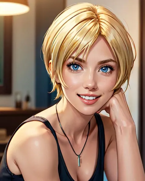 masterpiece, best quality, 8k,  <lora:ayabrea:0.8>, ayabrea, 1girl, blonde_hair, short_hair, blue_eyes, tank_top, pendant, grin, looking_at_viewer, indoors, (upper body)