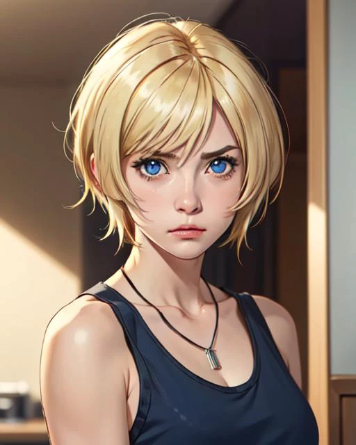 masterpiece, best quality, 8k, <lora:ayabrea:0.6>, ayabrea, 1girl, blonde_hair, short_hair, blue_eyes, tank_top, pendant, dog_tags, frown, looking_at_viewer, indoors, (upper body)