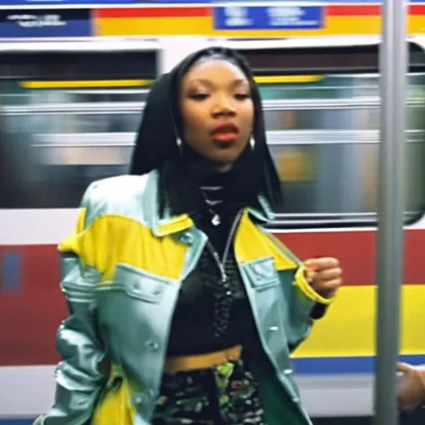 a 1995s album cover, with a photo of brndi, <lora:brndiXL:1> brndi, brndi close up, brndi , ((album cover title: "Brandy":1)) ((depth of field:1)), brndi in focus,, wearing a yellow 1990s jacket,, in the middle of subway