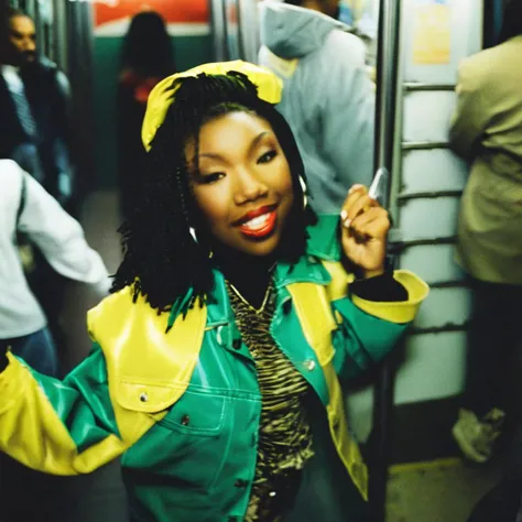 a 1995s album cover, with a photo of brndi,  <lora:brndiXL:1> brndi, brndi close up, brndi , ((album cover title: "Brandy":1)) ((depth of field:1)), brndi in focus,, wearing a yellow 1990s jacket,, in the middle of subway, shot from above, dslr,