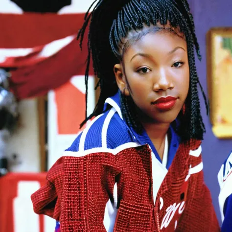 a 1995s album cover, with a photo of brndi, <lora:brndiXL:1> brndi, brndi close up, brndi , ((album cover title: "Brandy":1)) ((depth of field:1)), brndi in focus,, wearing red overalls ,, with a hockey jersey underneath the overalls